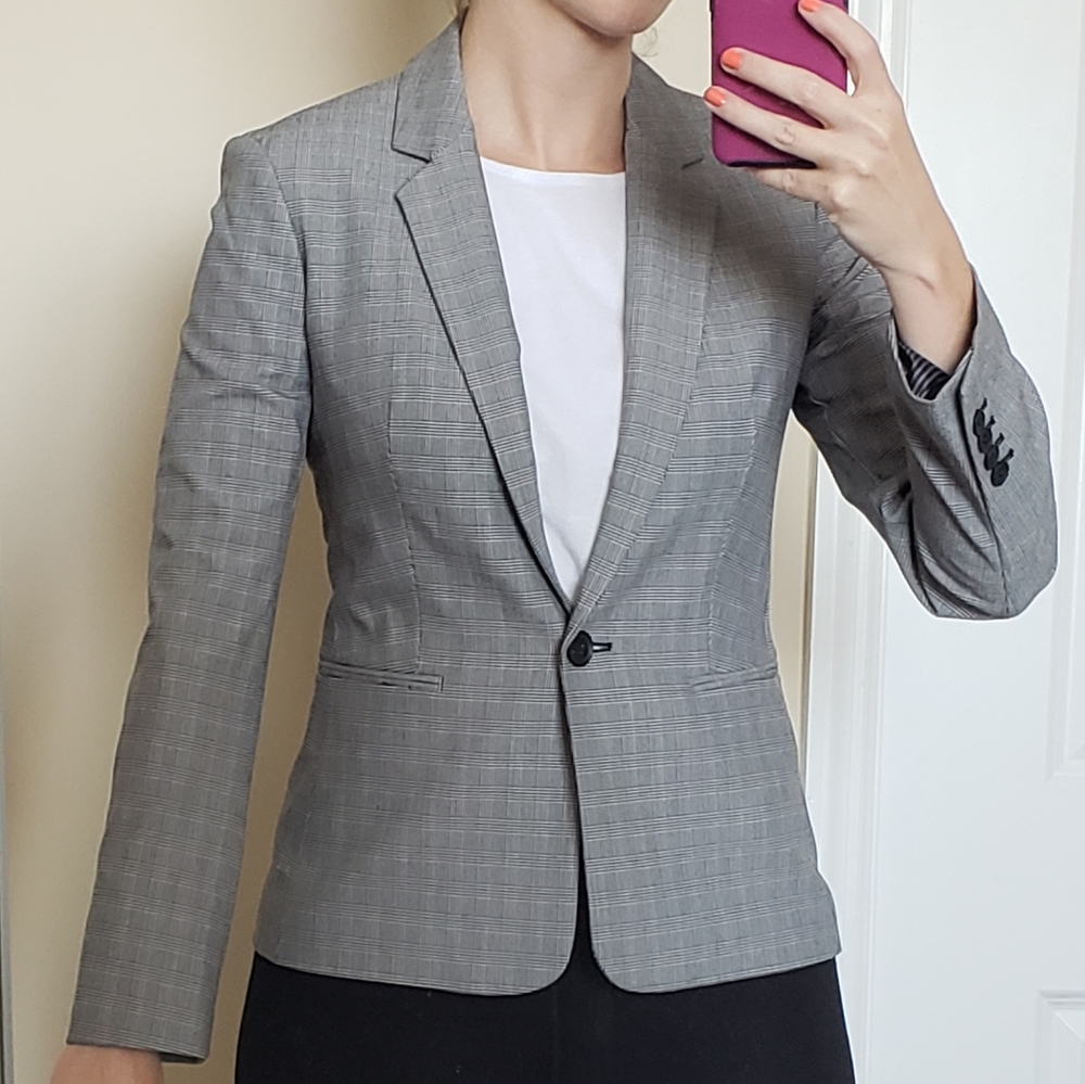 Express Gray Mini-Check Plaid One-Button Blazer
